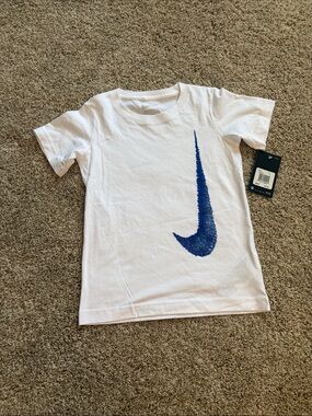 Nike White Short-Sleeve Kids Tee with Blue Swoosh